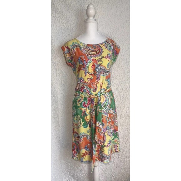 RALPH LAUREN Stretch Paisley Midi Short Sleeve Colorful Dress Size Petite Small - Picture 2 of 9